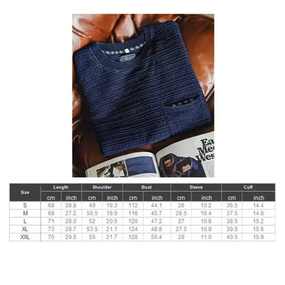 Men Retro Textured T-shirt | Loose Fit Indigo Knitted Wave Pattern Maden