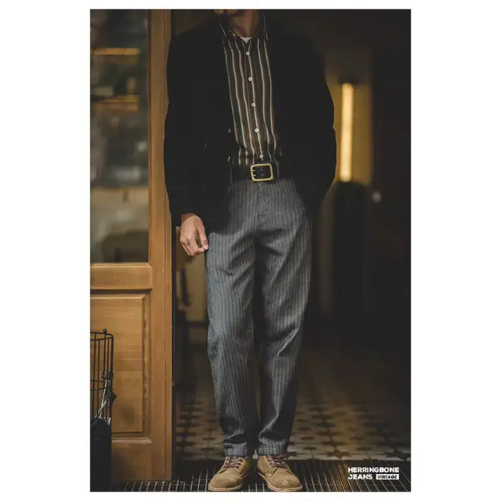 Men Striped Herringbone Trousers | Retro 12.8oz Straight Fit Amekaji