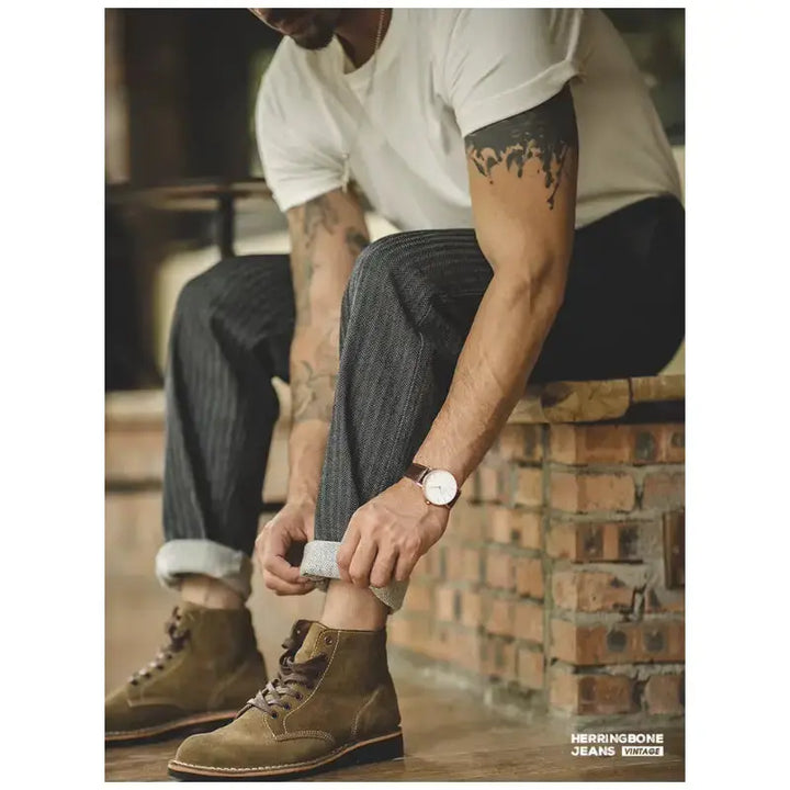 Men Striped Herringbone Trousers | Retro 12.8oz Straight Fit Amekaji