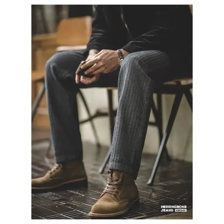 Men Striped Herringbone Trousers | Retro 12.8oz Straight Fit Amekaji
