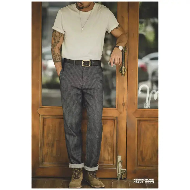Men Striped Herringbone Trousers | Retro 12.8oz Straight Fit Amekaji