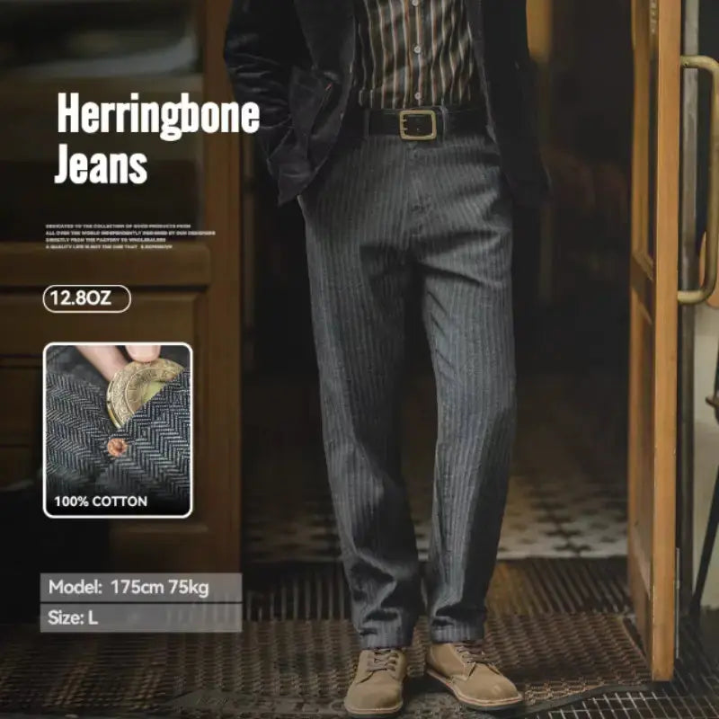 Men Striped Herringbone Trousers | Retro 12.8oz Straight Fit Amekaji