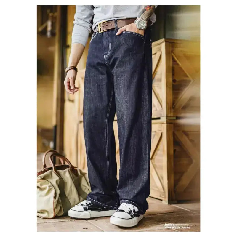 Men Vintage Denim Jeans | Wide Leg 12oz Zip Fly Trousers Amekaji