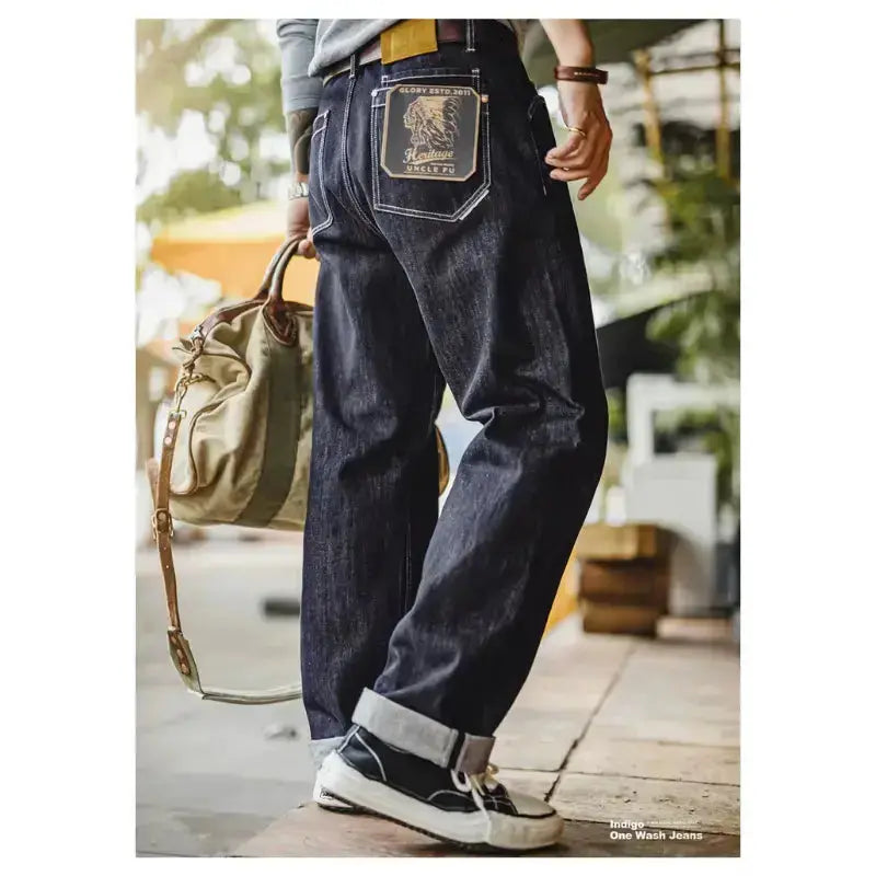 Men Vintage Denim Jeans | Wide Leg 12oz Zip Fly Trousers Amekaji
