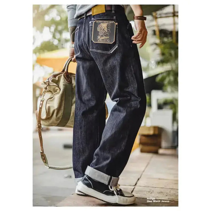 Men Vintage Denim Jeans | Wide Leg 12oz Zip Fly Trousers Amekaji
