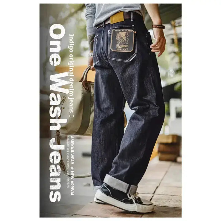 Men Vintage Denim Jeans | Wide Leg 12oz Zip Fly Trousers Amekaji