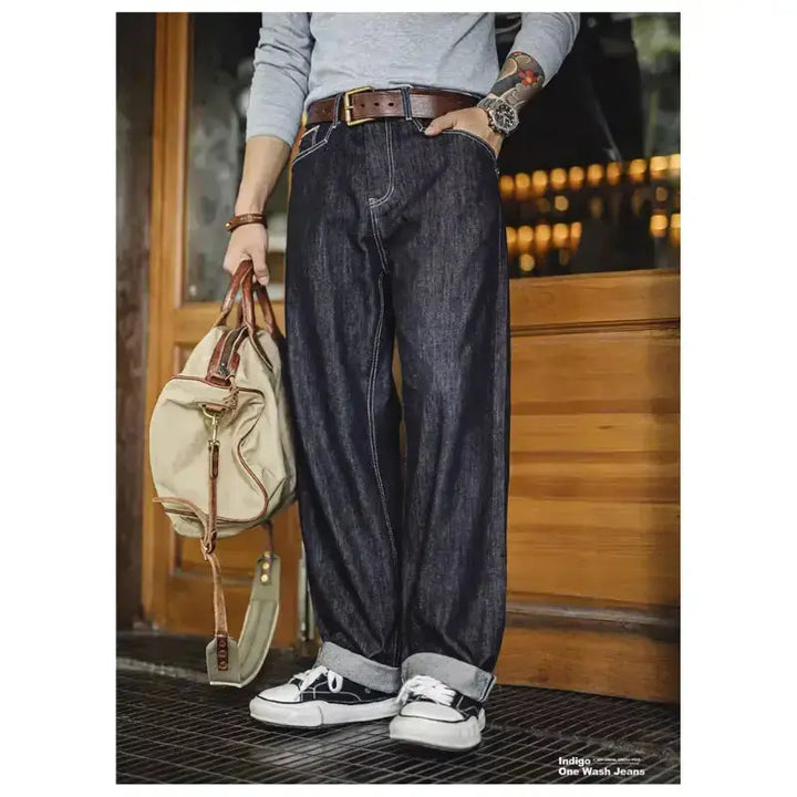 Men Vintage Denim Jeans | Wide Leg 12oz Zip Fly Trousers Amekaji