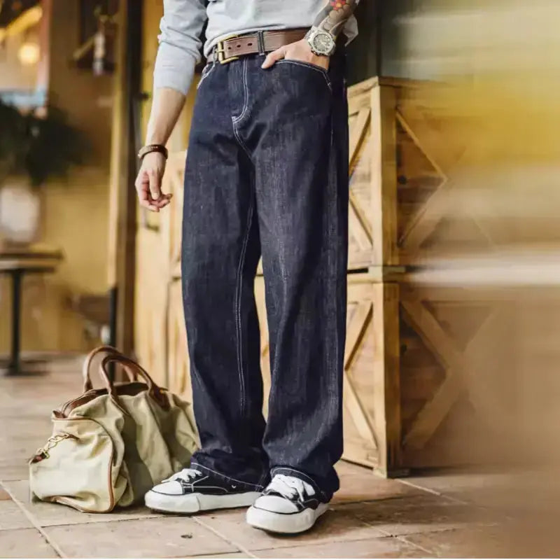 Men Vintage Denim Jeans | Wide Leg 12oz Zip Fly Trousers Amekaji