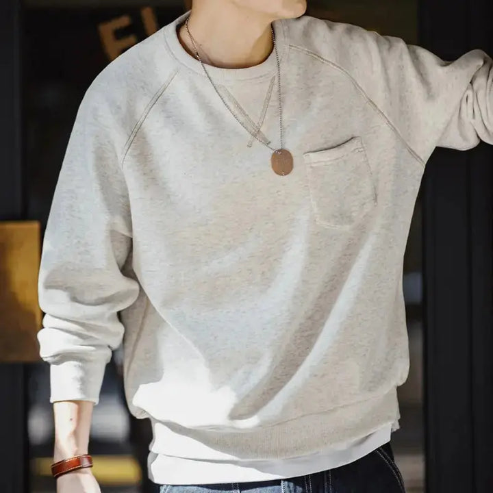 Men Vintage Sweater Hoodie | Round Neck Fleece-lined Hoodie Amekaji