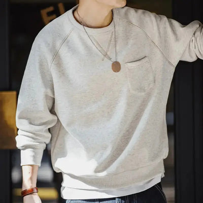 Men Vintage Sweater Hoodie | Round Neck Fleece-lined Hoodie Amekaji