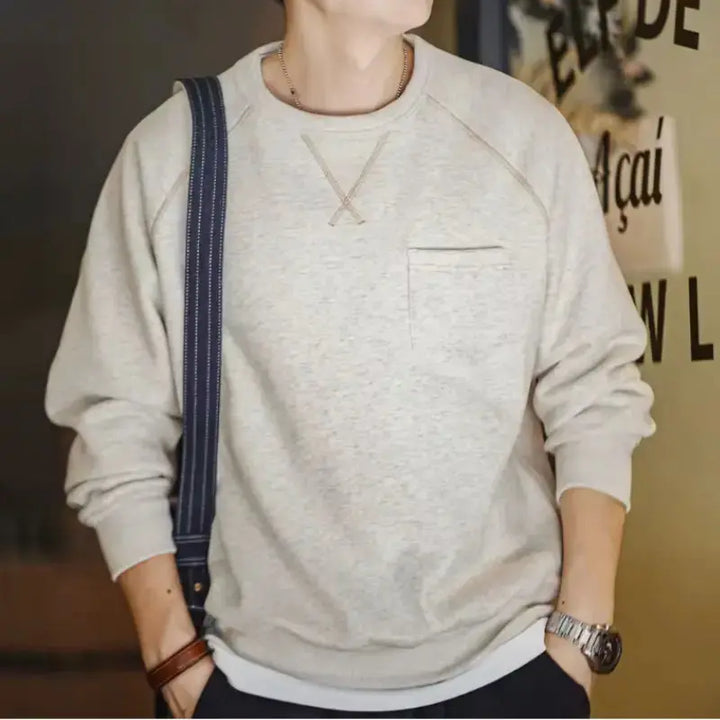 Men Vintage Sweater Hoodie | Round Neck Fleece-lined Hoodie Amekaji