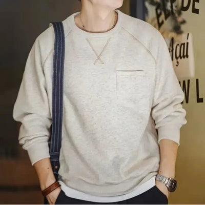 Men Vintage Sweater Hoodie | Round Neck Fleece-lined Hoodie Amekaji
