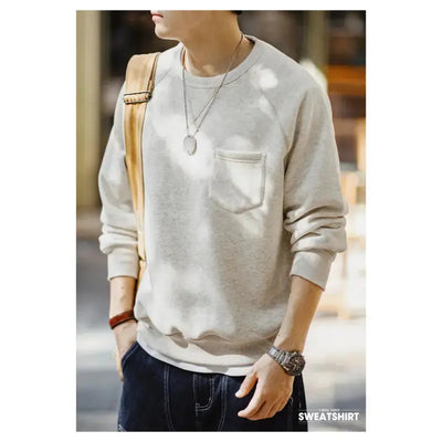 Men Vintage Sweater Hoodie | Round Neck Fleece-lined Hoodie Amekaji