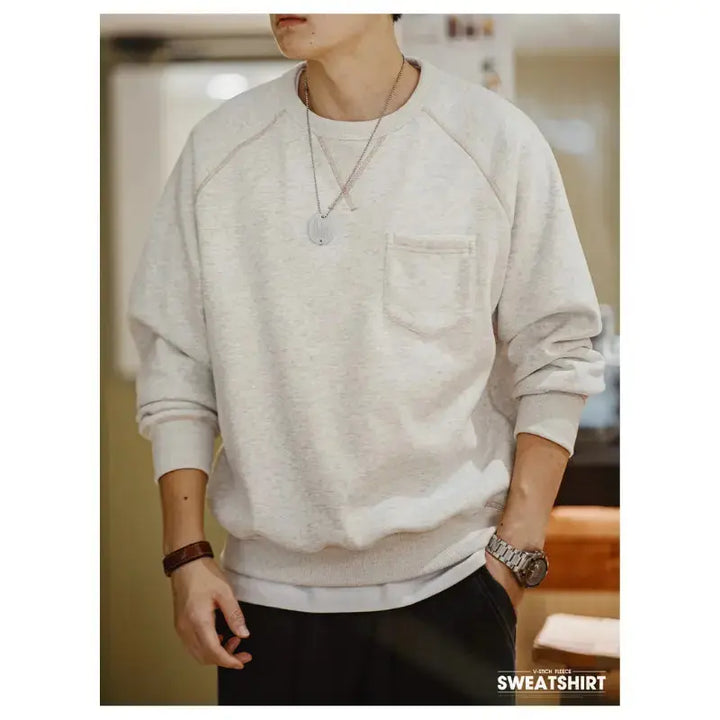 Men Vintage Sweater Hoodie | Round Neck Fleece-lined Hoodie Amekaji
