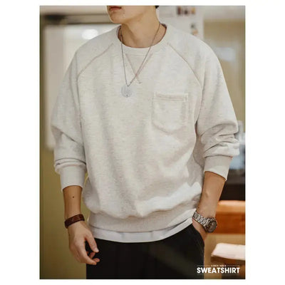 Men Vintage Sweater Hoodie | Round Neck Fleece-lined Hoodie Amekaji