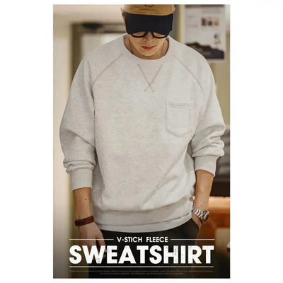 Men Vintage Sweater Hoodie | Round Neck Fleece-lined Hoodie Amekaji