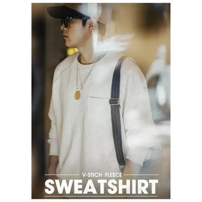 Men Vintage Sweater Hoodie | Round Neck Fleece-lined Hoodie Amekaji