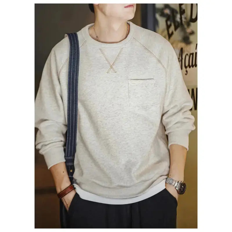 Men Vintage Sweater Hoodie | Round Neck Fleece-lined Hoodie Amekaji