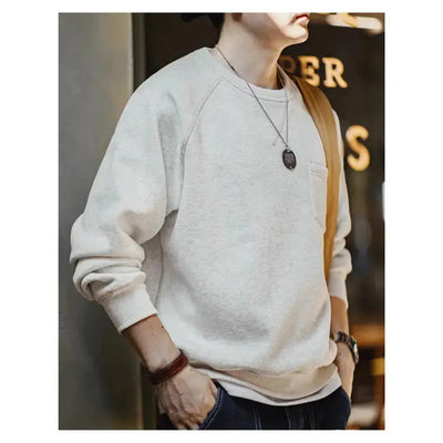 Men Vintage Sweater Hoodie | Round Neck Fleece-lined Hoodie Amekaji