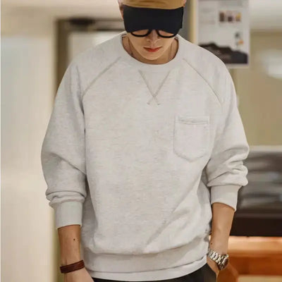 Men Vintage Sweater Hoodie | Round Neck Fleece-lined Hoodie Amekaji