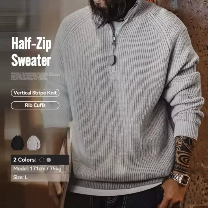 Men Vintage Sweater Pullover | Half Zip Stand Collar Knitwear Amekaji