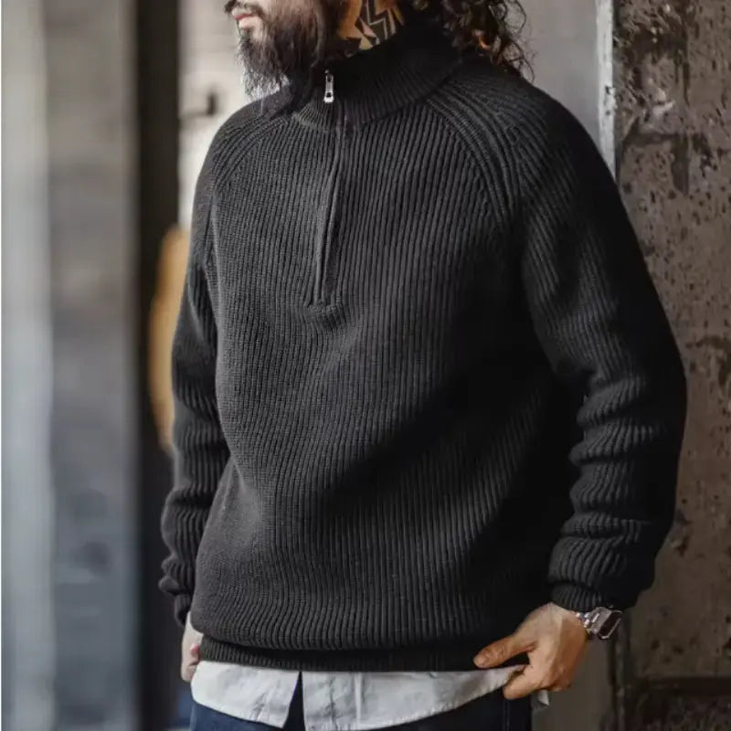 Men Vintage Sweater Pullover | Half Zip Stand Collar Knitwear Amekaji