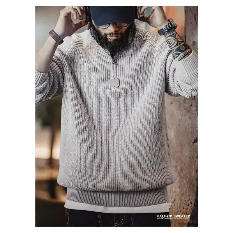 Men Vintage Sweater Pullover | Half Zip Stand Collar Knitwear Amekaji