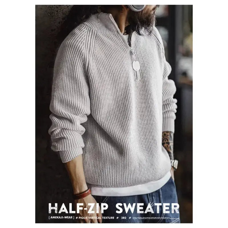 Men Vintage Sweater Pullover | Half Zip Stand Collar Knitwear Amekaji