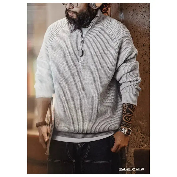 Men Vintage Sweater Pullover | Half Zip Stand Collar Knitwear Amekaji