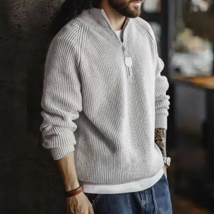 Men Vintage Sweater Pullover | Half Zip Stand Collar Knitwear Amekaji
