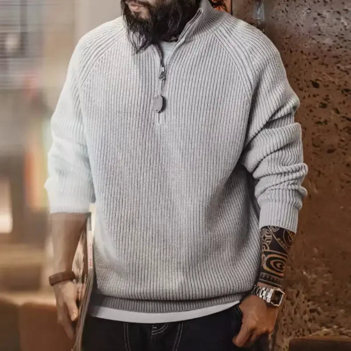 Men Vintage Sweater Pullover | Half Zip Stand Collar Knitwear Amekaji