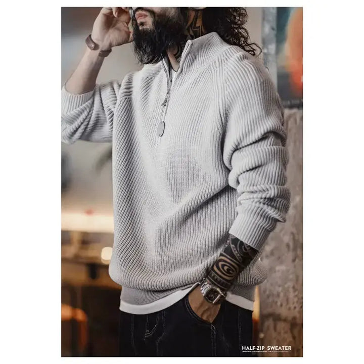 Men Vintage Sweater Pullover | Half Zip Stand Collar Knitwear Amekaji