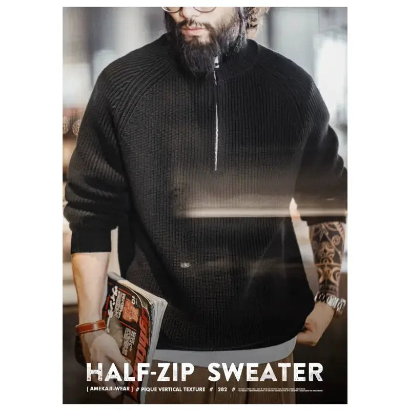 Men Vintage Sweater Pullover | Half Zip Stand Collar Knitwear Amekaji