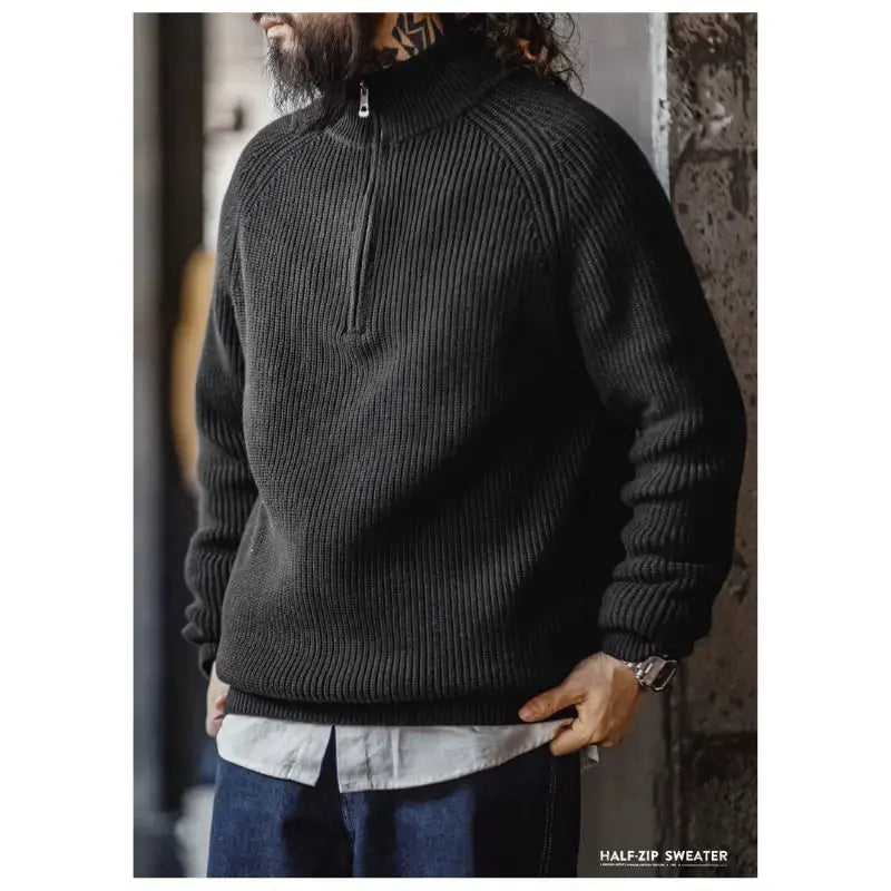 Men Vintage Sweater Pullover | Half Zip Stand Collar Knitwear Amekaji