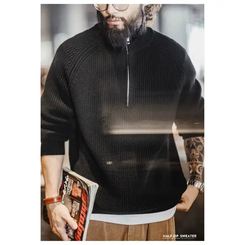 Men Vintage Sweater Pullover | Half Zip Stand Collar Knitwear Amekaji