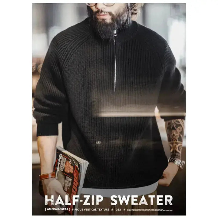 Men Vintage Sweater Pullover | Half Zip Stand Collar Knitwear Amekaji