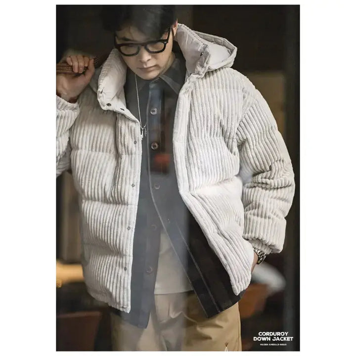 Mens Corduroy Down Jacket | Striped Hooded Vintage Jackets Amekaji