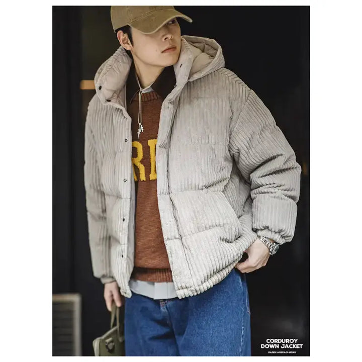 Mens Corduroy Down Jacket | Striped Hooded Vintage Jackets Amekaji