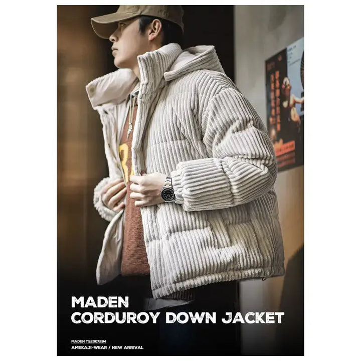 Mens Corduroy Down Jacket | Striped Hooded Vintage Jackets Amekaji