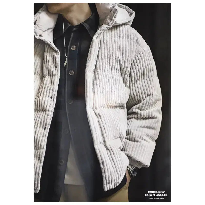 Mens Corduroy Down Jacket | Striped Hooded Vintage Jackets Amekaji
