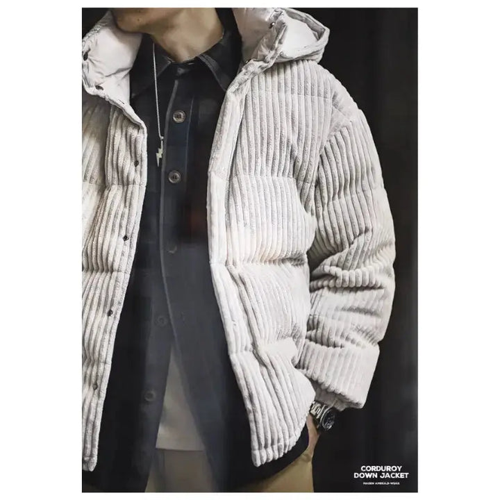 Mens Corduroy Down Jacket | Striped Hooded Vintage Jackets Amekaji