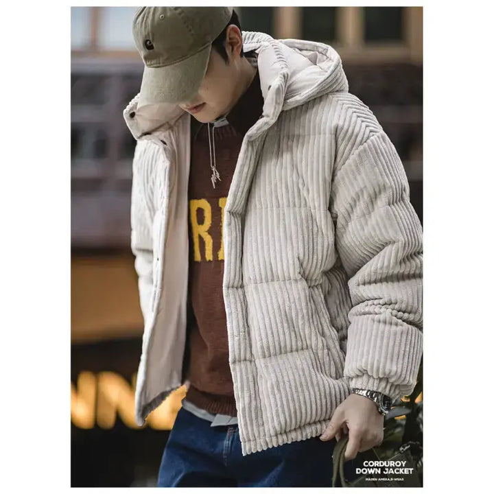 Mens Corduroy Down Jacket | Striped Hooded Vintage Jackets Amekaji