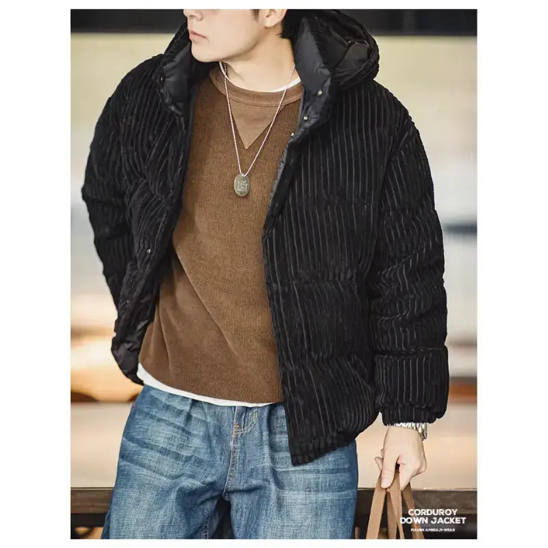 Mens Corduroy Down Jacket | Striped Hooded Vintage Jackets Amekaji
