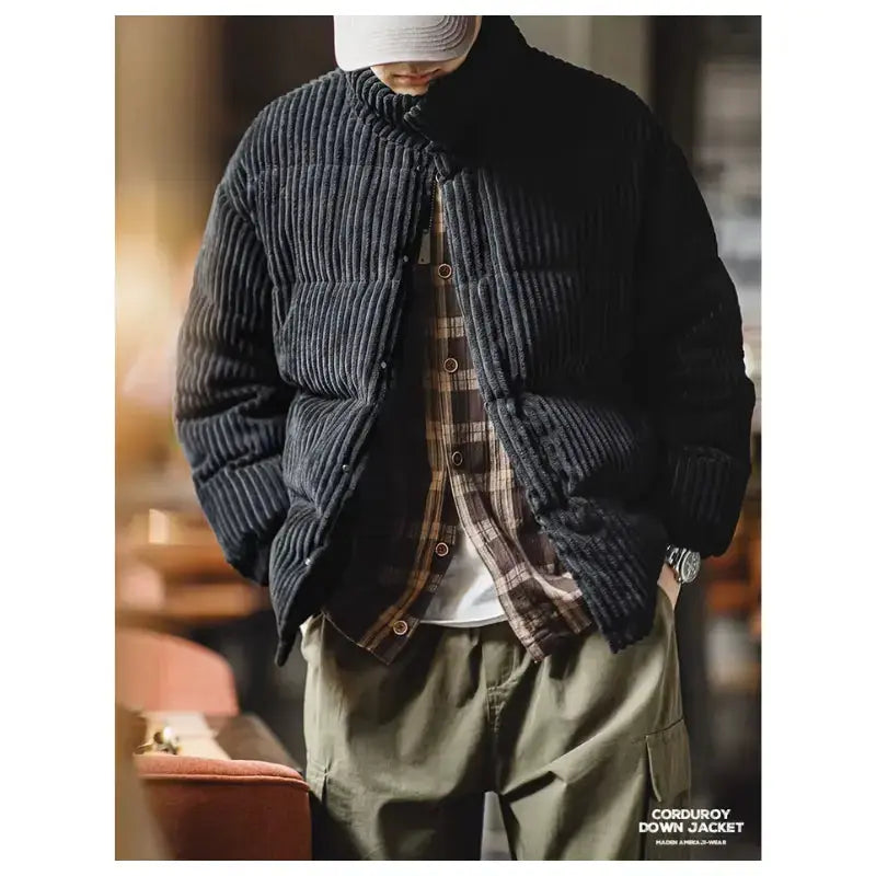 Mens Corduroy Down Jacket | Striped Hooded Vintage Jackets Amekaji
