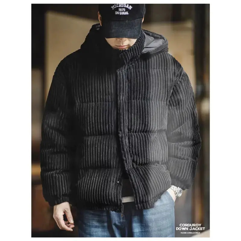 Mens Corduroy Down Jacket | Striped Hooded Vintage Jackets Amekaji