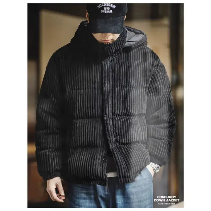 Mens Corduroy Down Jacket | Striped Hooded Vintage Jackets Amekaji