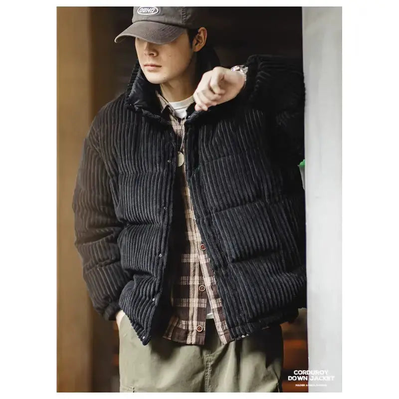 Mens Corduroy Down Jacket | Striped Hooded Vintage Jackets Amekaji