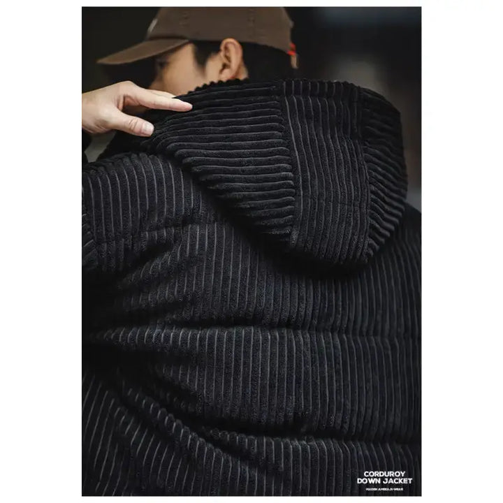 Mens Corduroy Down Jacket | Striped Hooded Vintage Jackets Amekaji