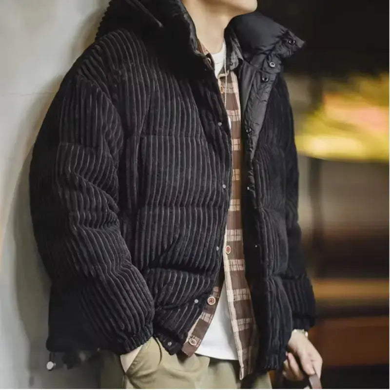 Mens Corduroy Down Jacket | Striped Hooded Vintage Jackets Amekaji