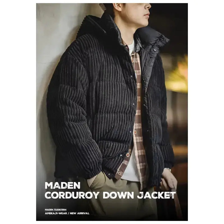 Mens Corduroy Down Jacket | Striped Hooded Vintage Jackets Amekaji